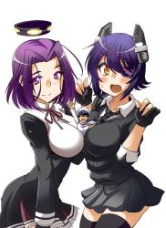 Rule 34 | 10s, 1boy, 2girls, admiral (kancolle), between breasts, black dress, breasts, dress, eyepatch, hair intakes, hair ornament, halo, hat, kantai collection, large breasts, mechanical halo, mini person, miniboy, multiple girls, open mouth, person between breasts, purple eyes, purple hair, saipin, short dress, short hair, skirt, smile, tatsuta (kancolle), tenryuu (kancolle), yellow eyes