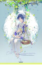 Rule 34 | 1boy, animal, animal on shoulder, barefoot, bird, bird on shoulder, black hair, blue background, blue flower, blue ribbon, branch, character doll, closed mouth, commission, copyright notice, dated, detached sleeves, falling leaves, feathers, feet, flower, full body, genshin impact, highres, japanese clothes, kimono, layered sleeves, leaf, long sleeves, looking at viewer, male focus, multicolored hair, neck ribbon, pants, parted bangs, plant, pom pom (clothes), purple eyes, purple hair, purple kimono, red ribbon, ribbon, rope, scaramouche (genshin impact), scaramouche (kabukimono) (genshin impact), short hair, sidelocks, simple background, sitting, smile, solo, sparkle, star (symbol), summer, swing, toes, u37777123, veil, vest, vines, watermark, white background, white flower, white pants, white sleeves, white vest, wide sleeves
