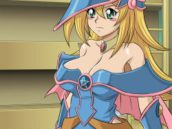 Rule 34 | 1girl, bare shoulders, blonde hair, blush, blush stickers, breasts, cleavage, dark magician girl, female focus, green eyes, hat, large breasts, lento (glamour works), long hair, no bra, solo, wallpaper, wizard hat, yu-gi-oh!, yu-gi-oh! duel monsters