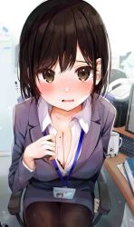 Rule 34 | 1girl, absurdres, black bra, black hair, black pantyhose, blue jacket, blue sky, blush, bra, bra peek, breasts, brown hair, chair, cleavage, collared shirt, commentary request, cup, desk, dress shirt, highres, id card, indoors, jacket, jewelry, computer keyboard, large breasts, legs together, looking at viewer, mug, necklace, office chair, office lady, open mouth, original, pantyhose, pencil skirt, rouka (akatyann), shirt, sitting, skirt, sky, solo, sweat, swivel chair, translation request, underwear, white shirt