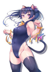 Rule 34 | 1girl, alternate hairstyle, animal ears, bell, black thighhighs, blue one-piece swimsuit, blush, bow, bowtie, breasts, cameltoe, cat ears, cat tail, covered navel, drop shadow, fake animal ears, groin, hair ribbon, highres, kanabun, licking lips, long hair, looking at viewer, love live!, love live! sunshine!!, medium breasts, one-piece swimsuit, paw pose, pink bow, pink eyes, purple hair, purple ribbon, ribbon, simple background, smile, solo, swimsuit, tail, tail bell, tail bow, tail ornament, thighhighs, tongue, tongue out, tsushima yoshiko, twintails, white background, wrist ribbon, yellow bow, yellow bowtie, yellow ribbon