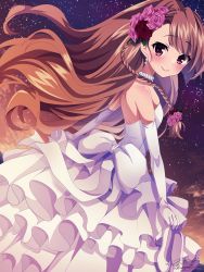 Rule 34 | 1girl, absurdres, aisaka taiga, bare shoulders, blunt bangs, blush, bow, braid, brown eyes, brown hair, closed mouth, commentary, cowboy shot, dress, dress bow, earrings, elbow gloves, flower, from side, gloves, hair flower, hair ornament, highres, jewelry, long hair, looking at viewer, pink flower, pink rose, red flower, red rose, rose, ruka (ponruka), signature, sky, smile, solo, star (sky), starry sky, toradora!, wedding dress, white bow, white gloves