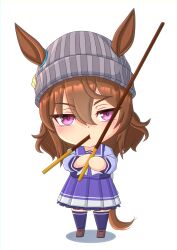 Rule 34 | 1girl, 2-butani, absurdres, animal ears, beanie, blush, brown footwear, brown hair, chibi, commentary request, ear ornament, ears through headwear, food, food in mouth, full body, grey hat, hair between eyes, hat, highres, holding, holding food, holding pocky, horse ears, horse girl, horse tail, loafers, long hair, long sleeves, looking at viewer, nakayama festa (umamusume), pleated skirt, pocky, pocky in mouth, purple eyes, purple serafuku, purple shirt, purple skirt, purple thighhighs, school uniform, serafuku, shirt, shoes, simple background, skirt, solo, tail, thighhighs, tracen school uniform, umamusume, white background, winter uniform