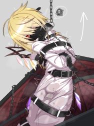 Rule 34 | 1girl, angry, arrow (symbol), bdsm, belt, belt buckle, blonde hair, bondage, bound, buckle, chain, coffin, covered mouth, fang, flandre scarlet, hair over eyes, highres, hitachi magic wand, mask, menou 74, mouth mask, red eyes, restrained, sex toy, short hair, solo, straitjacket, touhou, v-shaped eyebrows, vibrator, vibrator under clothes