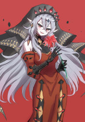 Rule 34 | 1girl, bare shoulders, blazing cartesia the virtuous, breasts, bridal veil, cleavage cutout, clothing cutout, detached sleeves, dress, duel monster, ecclesia (yu-gi-oh!), flower, gauntlets, grey hair, highres, holding, holding flower, large breasts, long hair, long sleeves, medium breasts, noppe, open mouth, puffy long sleeves, puffy sleeves, red dress, red eyes, smile, solo, veil, yu-gi-oh!