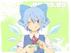 Rule 34 | 1girl, :p, :q, ;q, bad id, bad pixiv id, blue eyes, blue hair, bow, cirno, food, hair bow, ice cream, matching hair/eyes, one eye closed, short hair, solo, embodiment of scarlet devil, tmk, tongue, tongue out, touhou, wink