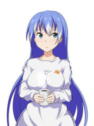 Rule 34 | 1girl, blue eyes, blue hair, casual, cato (monocatienus), coffee, coffee mug, commentary, cup, holding, holding cup, kamishirasawa keine, long hair, long sleeves, mug, multicolored hair, no headwear, no headwear, shirt, simple background, solo, touhou, two-tone hair, upper body, white background