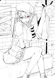 Rule 34 | 1girl, beret, boarded windows, box, box of chocolates, fnc (girls&#039; frontline), gas mask, girls&#039; frontline, greyscale, hair ornament, hat, highres, lin0908, looking at viewer, mask, monochrome, on bed, sitting, striped arm warmers