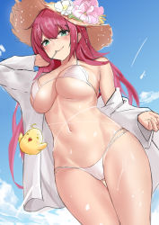 Rule 34 | 1girl, absurdres, azur lane, bikini, blue sky, breasts, cloud, day, dh-zone, flower, flower hat, gluteal fold, green eyes, hat, highres, large breasts, long hair, looking at viewer, manjuu (azur lane), mouth hold, navel, red hair, shirt, sketch, sky, smile, straw hat, surcouf (azur lane), surcouf (loisirs balneaires) (azur lane), swimsuit, white bikini, white shirt