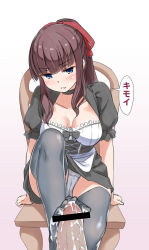 Rule 34 | 1girl, alternate costume, bar censor, blue eyes, blush, breasts, brown hair, censored, choker, cleavage, cum, cum on body, cum on feet, enmaided, feet, footjob, hair ribbon, highres, jakelian, long hair, looking at viewer, maid, mole, mole on breast, new game!, no shoes, panties, pantyshot, penis, ponytail, ribbon, simple background, sitting, solo focus, takimoto hifumi, thighhighs, toes, underwear