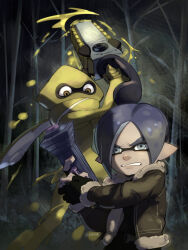 Rule 34 | 1boy, 1other, character request, clenched teeth, fingerless gloves, fur-trimmed jacket, fur trim, gloves, grey eyes, gun, highres, holding, holding gun, holding weapon, inkling, inkling boy, inkling player character, jacket, leon s. kennedy, nintendo, parody, parted bangs, resident evil, resident evil 4, splatana stamper (splatoon), splatoon (series), splatoon 3, splattershot jr (splatoon), stup-jam, teeth, weapon
