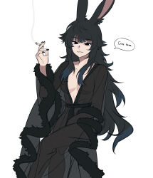 Rule 34 | 1girl, absurdres, animal ears, black eyes, black hair, black nightgown, breasts, cigarette, cloak, covered erect nipples, crossed legs, english text, eyebrows hidden by hair, feet out of frame, final fantasy, final fantasy xiv, fur-trimmed cloak, fur trim, hair between eyes, highres, holding, holding cigarette, kiliko-san, long bangs, long hair, medium breasts, nail polish, nightgown, rabbit ears, see-through, simple background, sitting, smoking, solo, speech bubble, very long hair, viera, warrior of light (ff14), white background