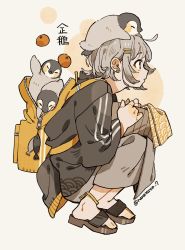 Rule 34 | 1other, androgynous, animal, animal on head, backpack, bag, bag charm, basket, bird, black jacket, brown background, charm (object), earrings, food, fruit, full body, grey hair, hair ornament, hairclip, highres, holding, holding basket, jacket, jewelry, looking to the side, nanase (nanataroo 7), on head, original, penguin, persimmon, sandals, seigaiha, short hair, solo, squatting, twitter username, yellow bag
