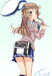 Rule 34 | 10s, 1girl, :o, abe kanari, bag, bare legs, beret, blue skirt, blush, from behind, hat, high school fleet, long hair, long sleeves, looking at viewer, looking back, nosa kouko, parted lips, pleated skirt, sailor collar, school uniform, skirt, solo, standing, sweater, white hat