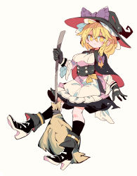 Rule 34 | 1girl, absurdres, apron, belt, black capelet, black footwear, black gloves, black hat, black legwear, bow, braid, broom, capelet, closed mouth, crescent print, full body, gloves, hair bow, hat, hat bow, highres, holding, holding broom, kirisame marisa, long sleeves, looking at viewer, massakasama, purple bow, short hair, side braid, simple background, single braid, smile, solo, star (symbol), star print, touhou, white apron, white background, witch hat, yellow eyes