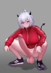 Rule 34 | blush, bottomless, censored, demon girl, demon horns, demon tail, erection, full-package futanari, futanari, futanari, helltaker, highres, horns, huge penis, malina (helltaker), minishell, mosaic censoring, penis, red eyes, silver hair, solo, squatting, tail, testicles