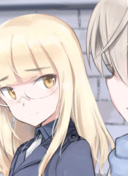 Rule 34 | 2girls, blonde hair, blunt bangs, eila ilmatar juutilainen, eyebrows, glasses, jacket, long hair, looking at another, lowres, military, military uniform, multiple girls, perrine h. clostermann, shimada fumikane, smile, solo focus, strike witches, uniform, winter clothes, world witches series