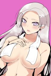 Rule 34 | 1girl, absurdres, artist request, breasts, chris lightfellow, earrings, gensou suikoden, gensou suikoden iii, highres, jewelry, large breasts, long hair, looking at viewer, open mouth, purple background, purple eyes, simple background, solo, towel, wet, white hair