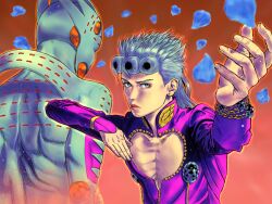 Rule 34 | 2boys, cleavage cutout, clothing cutout, giorno giovanna, gold experience requiem, green eyes, green hair, hair down, highres, jojo no kimyou na bouken, keiimajima02, ladybug ornament, long hair, male focus, multiple boys, outstretched arm, petals, realistic, stand (jojo), vento aureo, wing ornament