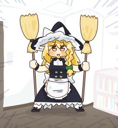 Rule 34 | 1girl, absurdres, apron, black dress, blonde hair, braid, broom, commission, dress, dual wielding, green ribbon, hat, highres, holding, kirisame marisa, lcron, long hair, looking at viewer, pixiv commission, ribbon, single braid, smile, solo, standing, touhou, two-tone dress, witch hat, yellow eyes