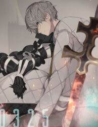 Rule 34 | 1boy, armor, asymmetrical sleeves, black pants, blue eyes, blue fire, closed mouth, coat, couter, fate/grand order, fate/grand order arcade, fate (series), feet out of frame, fire, from side, gauntlets, glasses, gloves, greaves, grey background, grey hair, hair between eyes, highres, jacques de molay (saber) (fate), long sleeves, looking at viewer, male focus, mismatched sleeves, padded coat, pants, planted, planted sword, planted weapon, short hair, shoulder armor, single gauntlet, single glove, sitting, solo, spiked gauntlets, sword, weapon, white coat, white gloves, yukiko (yukkyu)
