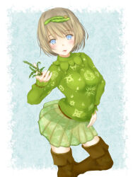 Rule 34 | 1girl, blonde hair, blue eyes, boots, branch, breasts, brown footwear, commentary request, feet out of frame, floral print, green hairband, green skirt, green sweater, hair between eyes, hairband, hand on own hip, hand up, highres, holding, holding plant, leaf, leather, leather boots, light blush, long sleeves, looking at viewer, medium breasts, medium hair, miniskirt, mismatched eyebrows, panties, plant, pleated skirt, saronia a irivika, see-through, see-through skirt, shin (highest1192), skirt, solo, sweater, thigh boots, thighs, toaru majutsu no index, toaru majutsu no index: new testament, tongue, tongue out, turtleneck, underwear