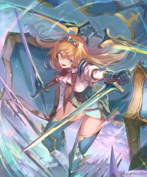 Rule 34 | 1girl, armored boots, blonde hair, boots, double sided sword, dual wielding, feet out of frame, floating, floating hair, floating object, floating sword, floating weapon, gauntlets, hair between eyes, highres, holding, holding sword, holding weapon, juliet sleeves, long hair, long sleeves, multiple shields, multiple swords, nagasawa tougo, open mouth, original, puffy sleeves, shield, solo, sword, thigh boots, thighhighs, tiara, twitter username, weapon