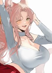 Rule 34 | 1girl, animal ears, arm up, blush, breasts, choker, cleavage, green eyes, grey shirt, hair intakes, highres, korean commentary, large breasts, midriff, off shoulder, open mouth, original, pink hair, pleated skirt, red skirt, shirt, skirt, smile, solo, stretching, teeth, upper body, upper teeth only, v-neck, wefightasone 1, white background