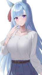 Rule 34 | 1girl, absurdres, animal ears, arm at side, belt, blue hair, blunt bangs, blush, bow, bracelet, braid, breasts, collarbone, commentary, crown braid, dress shirt, ear bow, ear ornament, ear ribbon, hand to own mouth, highres, hiroserii, horse ears, horse girl, jewelry, large breasts, light blue hair, long hair, looking at viewer, mejiro ardan (umamusume), necklace, pleated skirt, purple eyes, shirt, shirt tucked in, simple background, skirt, solo, square neckline, umamusume, upper body, very long hair, white background