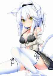 Rule 34 | 1girl, ahoge, animal ears, bare shoulders, black bra, black panties, bra, breast hold, breasts, cat ears, cat girl, cat tail, cleavage, fang, female focus, highres, kakao (chocolate land), lingerie, off shoulder, open m/, original, panties, pantyshot, ribbon, simple background, skirt, smile, solo, tail, thighhighs, underwear, upskirt, white background, white hair, white thighhighs, yellow eyes