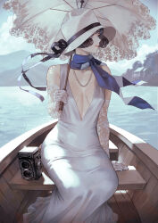 Rule 34 | 1girl, bare shoulders, black eyes, black hair, blue scarf, blue sky, boat, bob cut, breasts, camera, cocktail dress, day, dress, elbow gloves, floral print, gloves, hat, hat ribbon, highres, holding, holding umbrella, jewelry, kaoming, lace, lace-trimmed umbrella, lace gloves, lace trim, lake, long dress, looking to the side, makeup, medium breasts, mountain, necklace, no bra, original, outdoors, parasol, parted lips, pearl necklace, plunging neckline, profile, ribbon, rolleiflex, scarf, sitting, sky, sleeveless, sleeveless dress, smile, solo, sun hat, twin-lens reflex camera, umbrella, water, watercraft, waves, white dress, white gloves, white hat, white umbrella
