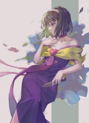 Rule 34 | 1girl, absurdres, blue flower, brown eyes, brown hair, corette, dress, flat chest, floating hair, flower, hairband, hand on own chest, heart, highres, holding, holding knife, kanzaki sumire, knife, looking down, mole, mole under eye, off-shoulder dress, off shoulder, purple dress, sakura taisen, short hair, sketch, solo, unfinished, white hairband