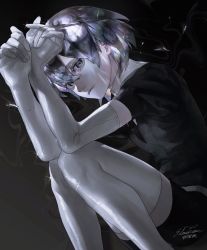 Rule 34 | 1other, black shirt, collared shirt, colored eyelashes, colored skin, diamond (houseki no kuni), elbow gloves, expressionless, fetal position, gloves, grey eyes, grey hair, hair between eyes, highres, houseki no kuni, k041800, light particles, light rays, looking at viewer, lying, necktie, on side, puffy sleeves, shards, shirt, short hair, shorts, solo, sparkle, thighhighs, white gloves, white shirt, white skin