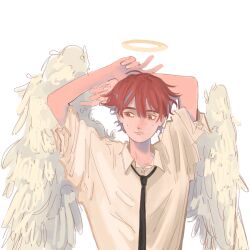 Rule 34 | 1boy, alternate hair length, alternate hairstyle, angel devil (chainsaw man), angel wings, arms behind back, arms up, black necktie, chainsaw man, collared shirt, feathered wings, halo, highres, looking to the side, makosh (nemakoshh), male focus, necktie, red eyes, red hair, shirt, short hair, simple background, solo, white background, white shirt, white wings, wings