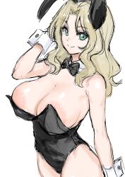 Rule 34 | 1girl, blonde hair, breasts, girls und panzer, green eyes, highres, huge breasts, kay (girls und panzer), kuppipi ramutarou, large areolae, leotard, long hair, looking at viewer, playboy bunny, rabbit ears, solo, wrist cuffs