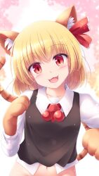 Rule 34 | 1girl, :3, animal ears, animal hands, black vest, blonde hair, blush, breasts, cat ears, cat tail, collared shirt, commentary request, fangs, hair ribbon, highres, kemonomimi mode, long sleeves, looking at viewer, lzh, medium bangs, navel, no panties, open mouth, paid reward available, red eyes, red ribbon, ribbon, rumia, shirt, short hair, small breasts, smile, solo, tail, touhou, upper body, vest, whiskers, white shirt