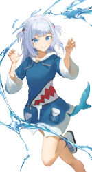 Rule 34 | 1girl, absurdres, animal hood, blue eyes, blue hair, blue hoodie, breasts, claw pose, commentary, fins, fish tail, gawr gura, gawr gura (1st costume), grey hair, grin, hair ornament, highres, hololive, hololive english, hood, hoodie, legs, medium hair, multicolored hair, ponzueaka, running, shark girl, shark hair ornament, shark hood, shark tail, sharp teeth, simple background, small breasts, smile, solo, standing, standing on one leg, streaked hair, tail, teeth, two side up, virtual youtuber, water, white background