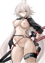 Rule 34 | 1girl, absurdres, ahoge, bottomless, breasts, cleft of venus, cowboy shot, fate/grand order, fate (series), gloves, highres, jeanne d&#039;arc alter (fate), jeanne d&#039;arc alter (swimsuit berserker) (fate), katana, large breasts, long hair, multiple swords, navel, nipples, no bra, pussy, rakeemspoon, sheath, shrug (clothing), sketch, solo, sword, thigh strap, uncensored, very long hair, weapon, white background, white hair, yellow eyes