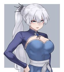 Rule 34 | 1girl, blue dress, blue eyes, bluefield, border, breasts, cleavage, commentary, dress, hair ornament, hand on own hip, highres, large breasts, long hair, parted lips, ponytail, rwby, sash, scar, scar across eye, shrug (clothing), smile, smug, solo, tiara, upper body, v-shaped eyebrows, weiss schnee, white border, white hair