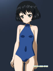 Rule 34 | 1girl, black hair, blue one-piece swimsuit, blush, breasts, closed mouth, collarbone, covered navel, dated, girls und panzer, gluteal fold, green eyes, highres, looking at viewer, naotosi, one-piece swimsuit, short hair, signature, small breasts, smile, solo, swimsuit, utsugi yuuki