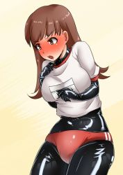 Rule 34 | 10s, 1girl, ayuayu (shouyu no sato), blush, bodysuit, bodysuit under clothes, breasts, brown eyes, brown hair, buruma, female focus, gym uniform, kantai collection, large breasts, latex, latex suit, long hair, ooi (kancolle), solo, yellow background