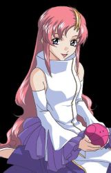 Rule 34 | 00s, 1girl, bare shoulders, black background, blue eyes, breasts, dress, friends, gundam, gundam seed, hair ornament, happy, haro, heels, lacus clyne, long hair, medium breasts, official art, open mouth, pink hair, robot, smile, solo
