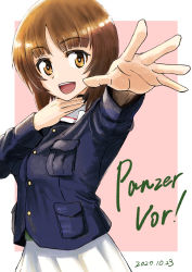 Rule 34 | 1girl, absurdres, blue jacket, border, brown eyes, brown hair, commentary, dated, german text, girls und panzer, hand on own throat, highres, jacket, long sleeves, looking at viewer, military, military uniform, nishizumi miho, ooarai military uniform, open mouth, oritako, outside border, pink background, pleated skirt, reaching, reaching towards viewer, short hair, skirt, smile, solo, standing, throat microphone, translated, uniform, white border, white skirt