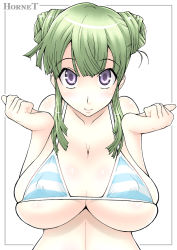Rule 34 | 1girl, bare shoulders, bikini, blush, breasts, breasts squeezed together, curvy, double bun, green hair, hair bun, highres, hornet (artist), huge breasts, long hair, looking at viewer, original, purple eyes, simple background, solo, standing, swimsuit, white background