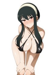 Rule 34 | 1girl, absurdres, bent over, bikini, black bikini, black hair, blush, breasts, cleavage, commission, hairband, half-closed eyes, highres, looking at viewer, red eyes, shiny skin, sidelocks, simple background, skeb commission, solo, spy x family, swimsuit, transparent background, white background, yor briar, yu-ta