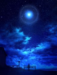 Rule 34 | 1girl, absurdres, bench, blue theme, cloud, cloudy sky, commentary request, highres, house, mks, night, night sky, original, outdoors, scenery, silhouette, sitting, sky, solo, star (sky), starry sky