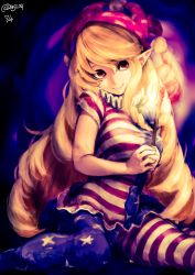 Rule 34 | 1girl, absurdres, american flag dress, american flag legwear, blonde hair, breasts, closed mouth, clownpiece, fire, hat, head tilt, highres, jester cap, long hair, looking at viewer, medium breasts, neck ruff, omizu chihiro, pantyhose, pointy ears, polka dot, red eyes, shirt, short sleeves, sitting, smile, solo, star (symbol), striped clothes, striped pantyhose, torch, touhou, very long hair