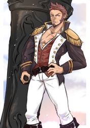 Rule 34 | 1boy, beard, blue eyes, brown hair, commentary request, epaulettes, facial hair, fate/grand order, fate (series), hand on own hip, hk nh3cooh, holding, holding weapon, jacket, long sideburns, long sleeves, looking at viewer, male focus, military, military uniform, napoleon bonaparte (fate), one eye closed, pants, pectorals, scar, simple background, smile, smirk, solo, uniform, weapon, white background