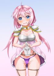 Rule 34 | 1girl, blue eyes, blush, breasts, clothes lift, endro!, groin, highres, medium breasts, panties, pink hair, purple panties, skirt, skirt lift, solo, sura sura, twintails, underwear, yuria shardet