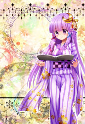 Rule 34 | 1girl, blunt bangs, book, crescent, crescent hair ornament, floating hair, floral print, hair ornament, highres, japanese clothes, kimono, long hair, long sleeves, open book, patchouli knowledge, print kimono, purple eyes, purple hair, purple ribbon, ribbon, sea scorpion (umisasori), solo, standing, striped clothes, striped kimono, touhou, very long hair, wide sleeves, x hair ornament, yukata